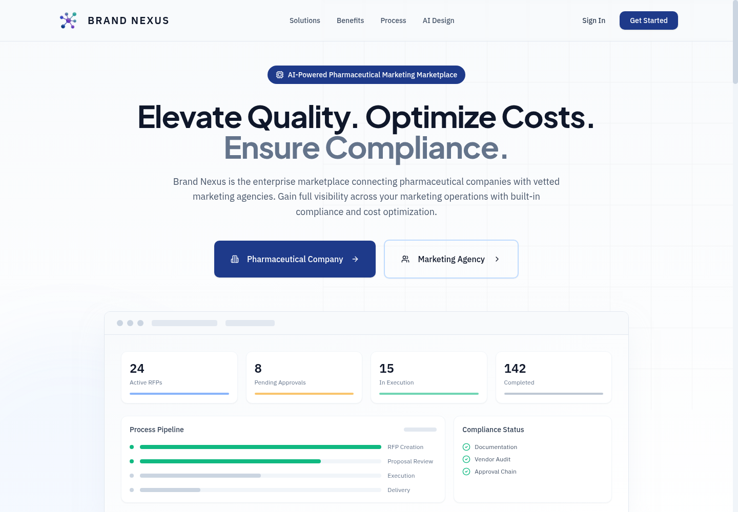 Brand Nexus pharmaceutical marketing marketplace homepage showing AI-powered positioning and marketplace options